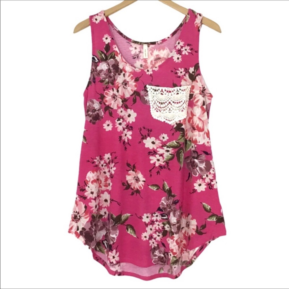 Mai Soli Floral Long Length Tank Top Size M Lace Pocket Made In USA New NWT
